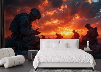 Soldiers pray to God on knees.	 Wall mural