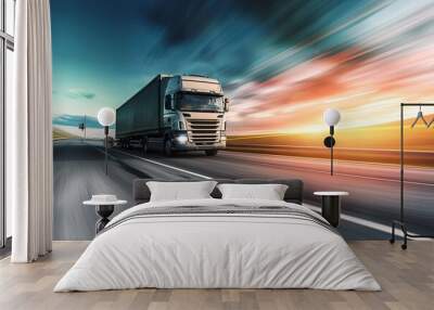 Truck on highway, motion blur. Wall mural