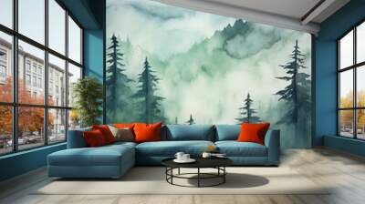 Watercolor misty spruces in forest and mountain.	 Wall mural