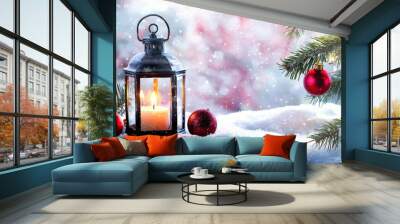 Christmas and New Year background with space for text: lantern, fir branches and Christmas decorations on a blue background Wall mural