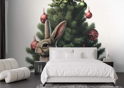 cute new year bunny next to christmas tree on monochrome white background Wall mural