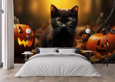 Halloween theme: black cat sitting next to pumpkins, AI generated Wall mural