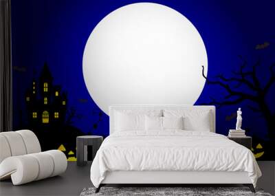 Halloween silhouette background vector illustration. Poster (flyer) template design (text space) / blue Wall mural