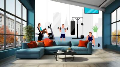 People working out at the gym.  Horizontal vector  banner illustration. Wall mural