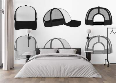 trucker cap / mesh cap template illustration (white & black). Wall mural