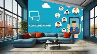 Video call / Global communiation through mobile phone vector banner illustration /  Hand holding smartphone. Wall mural