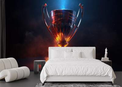 A champions trophy. Golden cup, fire and falling confetti, sport award. Generative AI illustration Wall mural