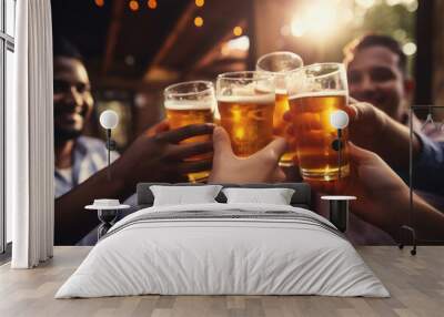 A group of friends toasting with beer at a summer barbeque, close up Wall mural