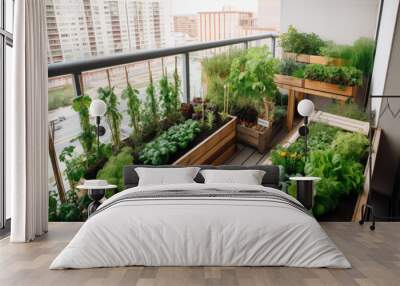 A vegetable and herb garden on a metropolitan apartment balcony with plants growing up the sides. Generative AI Wall mural