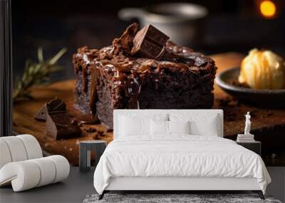 Chocolate brownie cake on rustic wooden table. Rich chocolate fudge with gooey center. Generative AI Wall mural