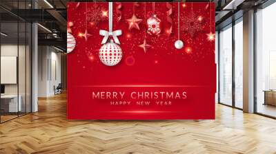 Christmas banner with shining snowflakes, bows, stars and colorful balls. New year and Christmas illustration on red background Wall mural