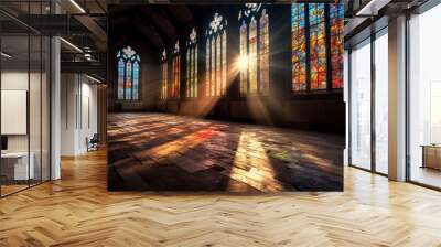 Colorful stained glass window of a church with rays emanating from it. Generative AI Wall mural