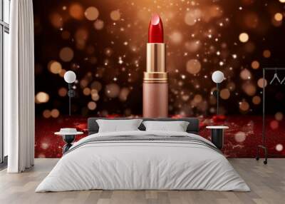 Glamorous red lipstick tube on sparkling holiday background. Generative AI Wall mural