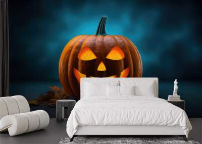 Halloween pumpkin with scary face on dark background. AI generated Wall mural