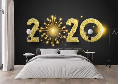 Happy New Year 2020. Background with shining numerals and fireworks. New year and Christmas card illustration on black background. Holiday illustration of golden textured numbers 2020 Wall mural