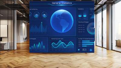 HUD futuristic Earth planet world map hologram. Interactive screen with digital interface. World economy and finances virtual diagram Wall mural