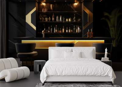 Modern black bar counter with gold accents. Generative AI Wall mural