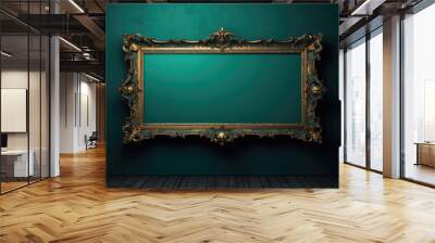 Old antique frame on the dark green wall. AI generated Wall mural