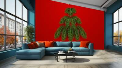 Realistic fir tree made of branches decorated with star and red balls. Christmas is loading. New year concept card illustration on red background Wall mural