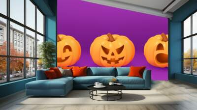 Realistic orange pumpkins. Pumpkin carved faces with eyes and mouth. Funny and scary halloween characters Wall mural