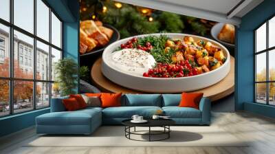 Roasted potato dish with yogurt dip and holiday garnish Wall mural