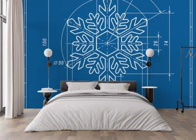 Snowflake as technical blueprint drawing. Christmas technical concept. Mechanical engineering drawings. Christmas and new year banner, cover, poster, flyer or greeting card Wall mural