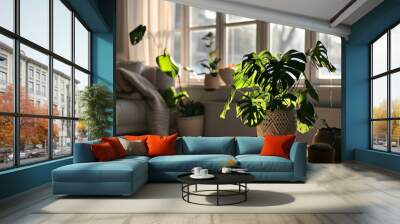 Stylish and modern scandinavian interior of living room with plants. Generative AI Wall mural