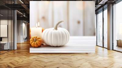 Thanksgiving white pumpkin and candle decorations on a white painted wood table. Halloween, Thanksgiving party concept. Festive fall design. AI generated Wall mural