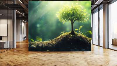 Vibrant plant sprouts from a weathered tree trunk. New life concept Wall mural