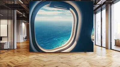 View of the beach and sea the airplane window. Travel and tourism concept. Generative AI Wall mural