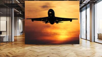 airliner landing at sunset, closeup Wall mural