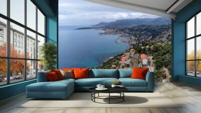 Aerial view on French Riviera, Menton, Monte-Carlo and Monaco and Mediterranean Sea from French-Italian border in Grimaldi village, Ventimiglia, travel destination, panoramic view from above Wall mural