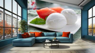 Cheese collection, fresh Italian soft cheese mozzarella di bufal campana served with fresh basil and tomatoes Wall mural