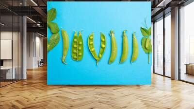 Fresh green ripe sugar snaps, sweet peas copy space close up on blue background, flat lay food concept Wall mural