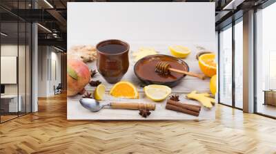 Natural flu and cold remedy - orange and lemon fruit, fresh ginger, honey Wall mural