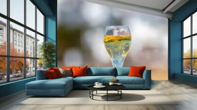 Pouring a glass of champagne on vacation, south of Fuerteventura, Canary islands, blue ocean, mountains Wall mural