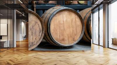 Production of sweet cassis creme liquor from ripe black currant berries, distillation and maturation in wooden barrels.  Burgundy, France Wall mural