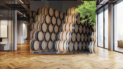 Sherry wine making process in Jerez triangle, Jerez de la Frontera, oak barrels in wine cellars, solera system of aging sherry wine, Andalusia, Spain Wall mural