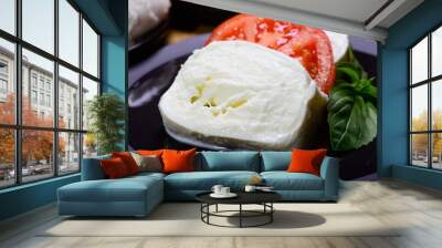 Sliced white ball of Italian soft cheese Mozzarella di Bufala Campana served with fresh green basil and red tomato Wall mural