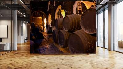 Solera system in bodegas, Andalusian wine cellar, process for aging different sherry wine in barrels, producing of jerez fortified wine, Jerez de la Frontera, Andalusia, Spain Wall mural