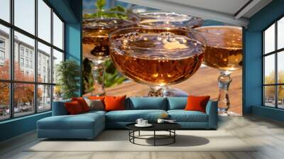 Summer party, French brut rose champagne sparkling wine in coupe glasses in yacht harbour of Port Grimaud near Saint-Tropez, French Riviera vacation, Var, France Wall mural