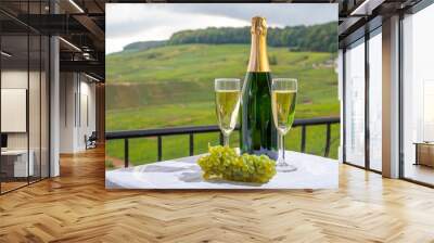 Tasting of french sparkling white wine with bubbles champagne on outdoor terrace with view on grand cru Champagne vineyards in Cramant, near Epernay, France Wall mural