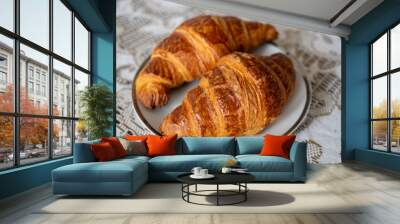 Two fresh baked puff croissants, traditional French breakfast Wall mural