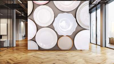 Variety of ceramic or porcelain trendy plates flat lay copy space Wall mural