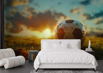 A football on a grass stadium with a sunset background with space for text. World Football Day December 10. Sport finale or school, sports EK, WK game for 2024, 2025, 2026, 2027 Wall mural