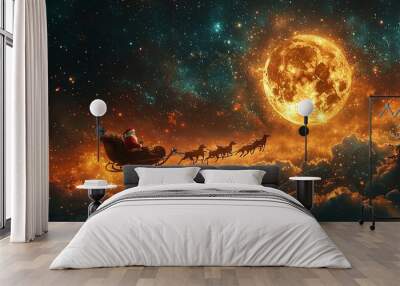 A beautiful artwork showing Santa Claus soaring through a magical Christmas night with his sleigh and reindeers, flying over glowing clouds beneath a brilliant full moon. Wall mural