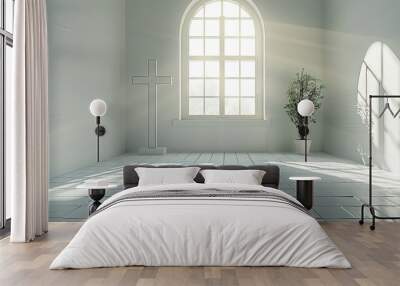 A bright room featuring a cross, a large window, and a potted plant basking in the sunlight. The clean, minimalist design provides a calm and peaceful atmosphere. Wall mural