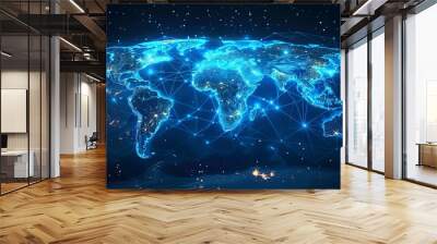 A brightly lit world map showcasing a network of interconnected lines, symbolizing global connectivity and data interchange in a futuristic, cyber theme. Wall mural