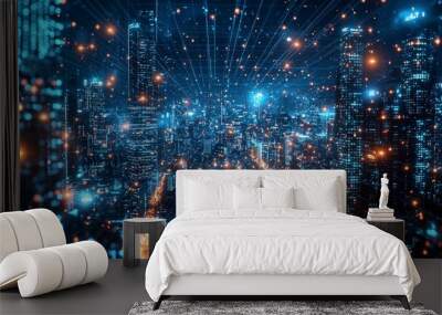 A bustling city enhanced by glowing digital lights, representing a dynamic blend of technology and urban life, captured in an electrifying night scene. Wall mural