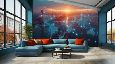 A bustling port during sunset with container ships, illuminated cranes, and a digital world map overlay highlighting international maritime trade connections. Wall mural